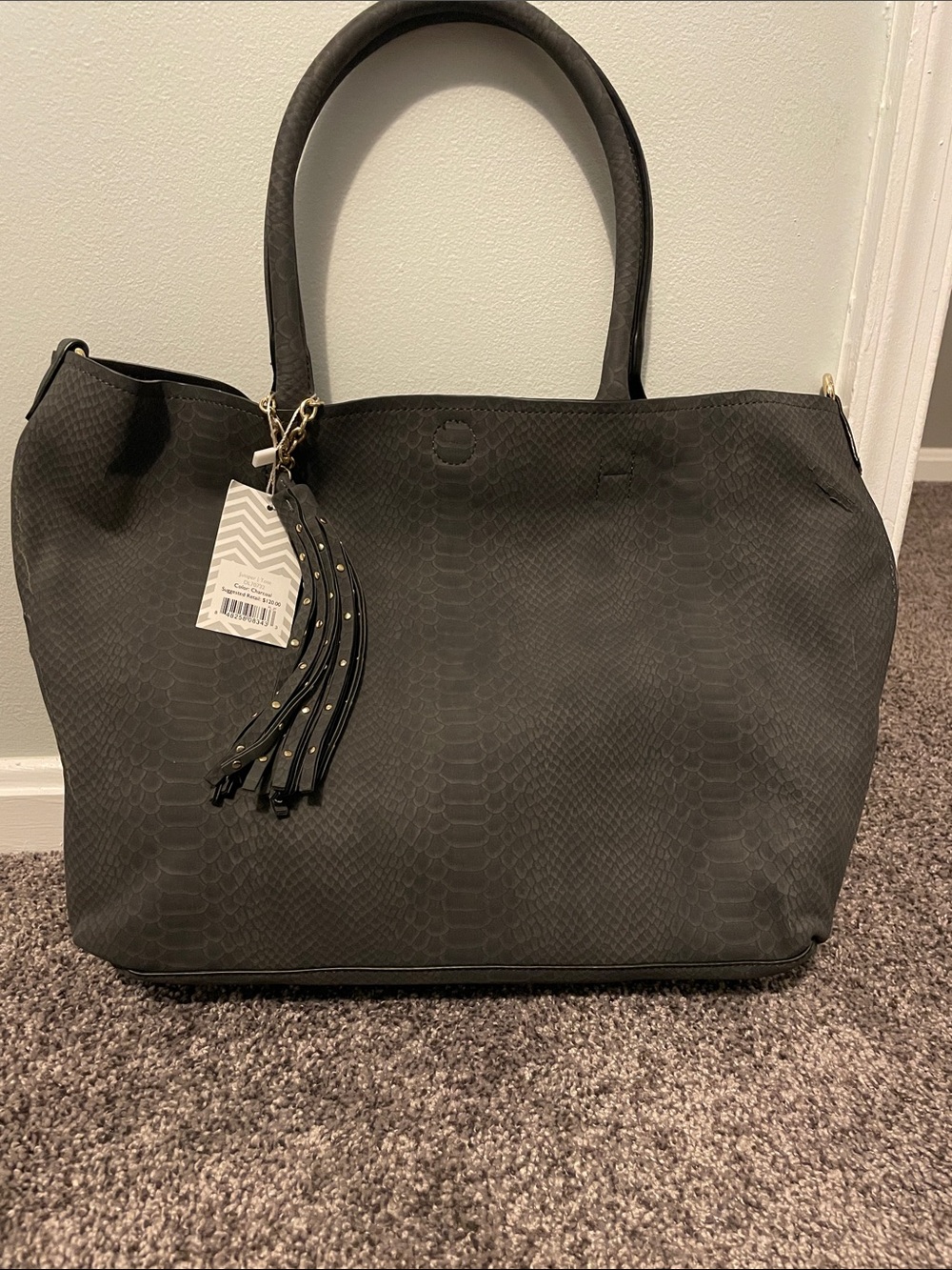 Deux Lux dark gray Faux-Snake Tote with Tassel Charm